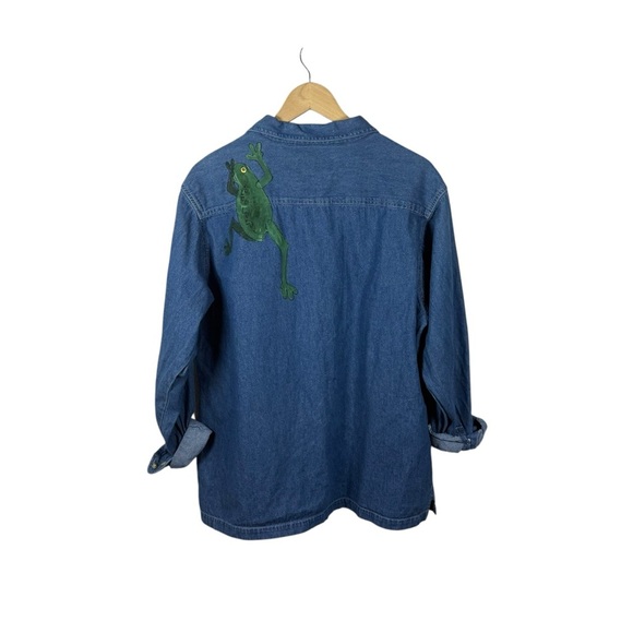 VINTAGE Luna Pier Women’s Oversized Denim Frog Shirt Blue/Green Size XL - Picture 9 of 9